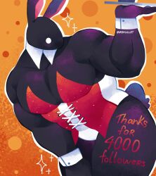 Rule 34 | 1boy, animal ears, bara, black fur, blush, cowboy shot, crossdressing, furry, furry male, highres, holding, holding tray, huge pectorals, leaning forward, leotard, male focus, male playboy bunny, milestone celebration, mskull27, muscular, muscular male, orange background, original, pectoral cleavage, pectorals, rabbit boy, rabbit ears, rabbit tail, red leotard, solid circle eyes, solo, sparkle, standing, tail, thick thighs, thighs, tray