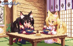 Rule 34 | 2girls, animal ear fluff, animal ears, animated, animated gif, black hair, blonde hair, commission, commissioner upload, eating, food, fox ears, fox girl, fox tail, hair ornament, inarizushi, indoors, isu (is88), japanese clothes, kitsune, kitsune udon, long hair, looping animation, miko, multiple girls, nontraditional miko, noodles, original, pixel art, ramen, red eyes, siblings, skeb commission, sushi, tail, tatami, twins, twintails, yellow eyes