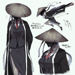 Rule 34 | 1girl, bamboo-hatted kim, black coat, black jacket, breasts, coat, collared shirt, edajima, hat, highres, jacket, large breasts, limbus company, long hair, low ponytail, multiple views, necktie, project moon, red necktie, rice hat, shirt, simple background, undone chin strap, very long hair, white background, white shirt