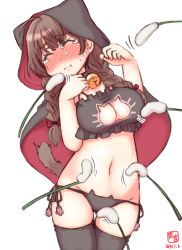 Rule 34 | 1girl, alternate costume, animal ears, artist logo, bell, black bra, black capelet, black panties, black thighhighs, blush, bra, braid, brown hair, capelet, cat cutout, cat ear panties, cat ears, cat lingerie, cat tail, cat teaser, choker, cleavage cutout, closed eyes, clothing cutout, commentary request, cowboy shot, dated, frilled bra, frills, highres, hood, hood up, hooded capelet, jingle bell, kanon (kurogane knights), kantai collection, long hair, meme attire, neck bell, nose blush, panties, shinshuu maru (kancolle), side-tie panties, simple background, solo, tail, tears, thighhighs, tickling, tickling breasts, tickling face, tickling pussy, tickling stomach, twin braids, underwear, underwear only, white background