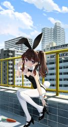 Rule 34 | 1girl, adjusting clothes, adjusting footwear, adjusting shoe, animal ears, black bow, black bowtie, black footwear, black hair, black leotard, blue eyes, blue sky, bow, bowtie, building, carrot, cityscape, cloud, commentary, day, detached collar, elisia valfelto, fake animal ears, hair intakes, high heels, highres, leotard, long hair, looking at viewer, luicent, mary janes, original, outdoors, pantyhose, playboy bunny, rabbit ears, rabbit tail, railing, shoes, sitting, sky, solo, strapless, strapless leotard, tail, white pantyhose, wrist cuffs