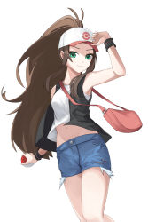 Rule 34 | 1girl, 26th, armpits, bag, bare arms, bare legs, black vest, blue shorts, brown hair, closed mouth, creatures (company), denim, denim shorts, game freak, green eyes, handbag, hat, high ponytail, highres, hilda (pokemon), holding, holding poke ball, long hair, midriff, navel, nintendo, open clothes, open vest, poke ball, pokemon, pokemon bw, shirt, short shorts, shorts, simple background, sleeveless, sleeveless shirt, smile, solo, standing, stomach, torn clothes, torn shorts, very long hair, vest, white background, white hat, white shirt, wristband