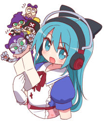 Rule 34 | 1girl, :d, ayasaki yuu (band brothers), black bow, blue eyes, blue hair, blue shirt, blush, bow, character request, collared shirt, commentary request, cropped torso, daigasso! band brothers, elbow gloves, gloves, hair between eyes, hair bow, hand up, headphones, highres, holding, long hair, naga u, neck ribbon, open mouth, paper, puffy short sleeves, puffy sleeves, red ribbon, ribbon, shirt, short sleeves, simple background, smile, solo focus, upper body, very long hair, white background, white gloves