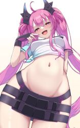 Rule 34 | 1girl, :d, ahoge, arm behind back, b.c, blush, breasts, fangs, fingerless gloves, gloves, grace (sound voltex), gradient clothes, gradient shirt, groin, hair ornament, highres, hip vent, long hair, medium breasts, microskirt, midriff, navel, open mouth, purple eyes, purple hair, shirt, simple background, skirt, smile, smug, solo, sound voltex, tied shirt, twintails, very long hair, white background