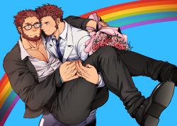 Rule 34 | 2boys, absurdres, alternate costume, aqua background, arm around shoulder, ass, bara, beard, bespectacled, black-framed eyewear, black pants, black suit, blue eyes, blue neckwear, blush, bouquet, brown hair, carrying, chest hair, collared shirt, commission, couple, dark-skinned male, dark skin, embarrassed, face-to-face, facial hair, fate/grand order, fate (series), flower, flustered, formal, glasses, goatee, grin, highres, holding, holding bouquet, holding hands, holmy (holmesdmode), husband and husband, iskandar (fate), jewelry, large pectorals, lgbt pride, long sideburns, male focus, mature male, multiple boys, muscular, muscular male, napoleon bonaparte (fate), necktie, one eye closed, pants, partially unbuttoned, pectoral cleavage, pectoral docking, pectoral press, pectorals, princess carry, rainbow, raised eyebrow, red hair, red neckwear, ring, second-party source, shirt, short hair, sideburns, smile, suit, thick thighs, thighs, wedding, wedding ring, white suit, yaoi