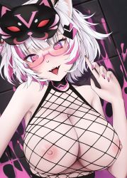 Rule 34 | 1girl, animal ear fluff, animal ears, blunt bangs, blush, breasts, cleavage, commission, fishnet top, fishnets, glasses, hand up, heart, heart-shaped pupils, highres, indie virtual youtuber, large breasts, mask, mask on head, medium hair, multicolored hair, nail polish, nipples, open mouth, pink eyes, pink hair, pink nails, second-party source, see-through, see-through shirt, semi-rimless eyewear, shirt, solo, streaked hair, symbol-shaped pupils, tongue, tongue out, vex (vtuber), virtual youtuber, waytok, white hair