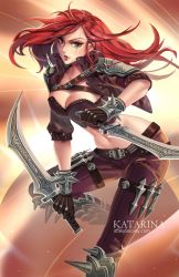 Rule 34 | 1girl, alice jing, breasts, cleavage, cropped jacket, green eyes, holding, holding knife, jacket, katarina (league of legends), knife, large breasts, league of legends, leaning forward, legband, lips, long hair, looking at viewer, midriff, open clothes, open jacket, pants, red hair, reverse grip, scar, solo, tight clothes, tight pants, wrist cuffs, wristband