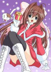 Rule 34 | 00s, 1girl, :d, asakura otome, black thighhighs, blue eyes, boots, bow, brown hair, capelet, christmas, convenient leg, cross-laced footwear, da capo, da capo ii, gift, gloves, hair bow, hair intakes, holding, holding gift, kirisawa tokito, knees together feet apart, lace-up boots, long hair, looking at viewer, open mouth, sack, santa costume, sitting, smile, snowing, solo, thighhighs, white footwear, white gloves