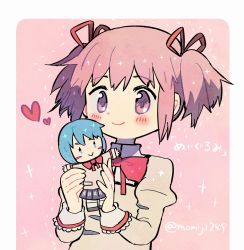 Rule 34 | 1girl, :&gt;, bad id, bad pixiv id, black footwear, blue eyes, blue hair, blush, blush stickers, border, character doll, closed mouth, doll, dot nose, flat chest, hair ribbon, happy, heart, high collar, holding, holding doll, holding toy, juliet sleeves, kaname madoka, kirikuchi riku, long sleeves, mahou shoujo madoka magica, mahou shoujo madoka magica (anime), miki sayaka, mitakihara school uniform, pink background, pink eyes, pink hair, pleated skirt, puffy sleeves, red ribbon, ribbon, school uniform, short hair, short twintails, simple background, skirt, smile, socks, solid oval eyes, solo, sparkle, stitches, toy, twintails, twitter username, uniform, white border