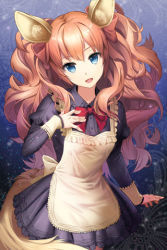 Rule 34 | 1girl, animal ears, apron, blue eyes, bow, dress, frilled dress, frills, grin, hair bow, hair ribbon, isfeldt (sword girls), j-p, juliet sleeves, long hair, long sleeves, lowres, open mouth, orange hair, outstretched hand, pleated dress, puffy sleeves, ribbon, smile, solo, sword girls, tail, very long hair, wavy hair, wolf ears, wolf tail