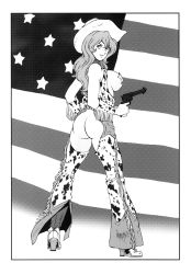 Rule 34 | 1girl, ass, boots, breasts, chaps, covering privates, cowboy boots, cowboy hat, female focus, full body, gun, hat, highres, large breasts, long hair, looking back, lupin iii, mine fujiko, monochrome, no bra, no panties, rippadou, smile, solo, standing, tms entertainment, weapon, cowboy western