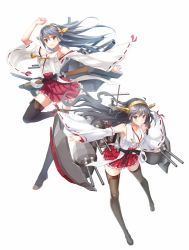 Rule 34 | 10s, 1girl, arm up, bare shoulders, black hair, blush, brown eyes, detached sleeves, dual persona, frilled skirt, frills, hairband, haruna (kancolle), japanese clothes, kantai collection, long hair, looking at viewer, multiple views, personification, ribbon-trimmed sleeves, ribbon trim, skirt, smile, thighhighs, zi se