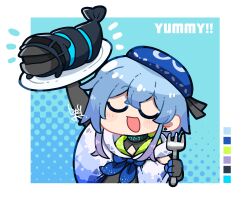 Rule 34 | 1boy, 1other, animalization, arknights, beret, black gloves, black shirt, blue background, blue bow, blue bowtie, blue hair, blue headwear, blush, border, bow, bowtie, cape, closed eyes, clothing cutout, color guide, commentary, doctor (arknights), dog-san, english commentary, fork, gloves, gradient background, hat, highres, holding, holding fork, holding plate, hood, hooded jacket, jacket, mizuki (arknights), open mouth, plate, polka dot, polka dot background, purple hair, shirt, shoulder cutout, shrimp, signature, smile, u u, upper body, white background, white cape