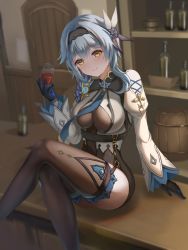 Rule 34 | 1girl, alcohol, barrel, black gloves, black hairband, black thighhighs, blue hair, blue necktie, blush, bodysuit, boots, breasts, butterfly hair ornament, crossed legs, cup, drinking glass, eula (genshin impact), genshin impact, gloves, hair ornament, hairband, highres, holding, holding cup, indoors, large breasts, long hair, looking at viewer, necktie, purple eyes, sitting, sitting on bar, smile, thigh boots, thighhighs, user cjrd3777, vision (genshin impact), wide sleeves, wine glass