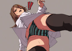 Rule 34 | !, !!, 1girl, black thighhighs, blush, brown eyes, brown hair, from behind, fu-ta, looking at viewer, looking down, no pants, original, panties, ponytail, shirt, simple background, solo, striped clothes, striped panties, sweat, thighhighs, underwear, usami taiga