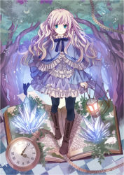 Rule 34 | 1girl, blonde hair, blue eyes, blue pantyhose, book, boots, bow, braid, chain, clock, crescent moon, cross-laced footwear, crystal, dress, frilled dress, frills, grin, highres, ice, lace-up boots, lamp, leaf, long hair, moon, night, nozomi fuuten, open book, original, pantyhose, pigeon-toed, pixiv festa, pocket watch, ribbon, shawl, smile, solo, tree, twin braids, watch, wavy hair