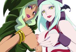 Rule 34 | 10s, 2girls, bad id, bad pixiv id, bare shoulders, blue hair, bracelet, breast lift, breasts, breasts out, censored, chronoval, cloak, cooperative paizuri, dokidoki! precure, dress, eyelashes, eyeshadow, green dress, green eyes, green hair, hat, head wings, hood, hooded cloak, jewelry, large breasts, lips, lipstick, long hair, looking at viewer, majorina, makeup, mamo (dokidoki! precure), multiple girls, nipples, open mouth, paizuri, penis, pointless censoring, precure, purple lips, red lips, smile precure!, transparent background, upper body, wings, yellow eyes