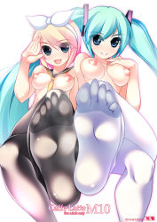 Rule 34 | 2girls, ahen, aqua eyes, blonde hair, blue eyes, breasts, breasts apart, crossed legs, feet, foot focus, hair ribbon, hand on another&#039;s chest, hand on own chest, hatsune miku, kagamine rin, long hair, multiple girls, nipples, no nose, no shoes, pantyhose, ribbon, short hair, sitting, smile, soles, toe socks, toes, topless, twintails, very long hair, vocaloid, white pantyhose