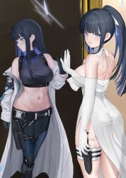 Rule 34 | 1girl, ass, asurada yui, back, bare shoulders, belt, black belt, black hair, black pants, black shirt, black thighhighs, blue archive, blue eyes, blue hair, blue halo, blunt bangs, breasts, buckle, chest harness, choker, cleavage, closed mouth, coat, colored inner hair, commentary, crop top, different reflection, dress, elbow gloves, full-length mirror, garter straps, gloves, groin, halo, harness, highres, holster, knife, knife sheath, large breasts, long hair, looking at viewer, looking back, midriff, mirror, multicolored hair, navel, no mask, off shoulder, official alternate costume, official alternate hairstyle, pants, ponytail, reflection, saori (blue archive), saori (dress) (blue archive), sheath, shirt, sidelocks, sleeveless, sleeveless shirt, snap-fit buckle, standing, strapless, strapless dress, taut clothes, taut shirt, thigh holster, thigh sheath, thigh strap, thighhighs, two-tone hair, white choker, white coat, white dress, white garter straps, white gloves