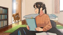 Rule 34 | 1girl, bed, bedroom, blush, book, bookmark, bookshelf, brown eyes, brown hair, chair, curtains, day, dog, grin, hair between eyes, highres, holding, holding book, indoors, kojiro337, leaning on table, long bangs, long hair, long sleeves, looking at animal, looking back, notebook, open book, open door, open mouth, orange shirt, original, pen, pillow, pomeranian (dog), ponytail, pouch, rug, shirt, sidelocks, sitting, sleeve cuffs, smile, solo, table, teeth, window, wooden floor