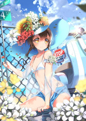 Rule 34 | 1girl, :/, between legs, bikini, blue shorts, blurry, blush, breasts, brown eyes, brown hair, chain-link fence, closed mouth, cloud, collarbone, day, depth of field, dutch angle, english text, fence, flower, front-tie top, frown, glint, hand between legs, hat, lily (flower), long hair, motor vehicle, outdoors, petals, road sign, scooter, short hair with long locks, shorts, side-tie bikini bottom, sign, sita vilosa, sky, slumcat, small breasts, solo, sun hat, sunflower, swimsuit, sword girls, unbuttoned, vespa, white bikini