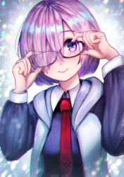 Rule 34 | 1girl, adjusting eyewear, chromatic aberration, commentary request, fate/grand order, fate (series), glasses, hair over one eye, hood, hoodie, long sleeves, looking at viewer, mash kyrielight, necktie, purple-framed eyewear, purple eyes, purple hair, red necktie, short hair, smile, solo, tomu (zundaizu106), upper body
