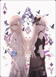 Rule 34 | 2girls, ace (playing card), ace of diamonds, alice (alice in wonderland), alice in wonderland, bad id, bad pixiv id, bare shoulders, black dress, black gloves, black vs white, blonde hair, blue eyes, bow, bug, butterfly, card, diamond (shape), dress, dual persona, floating card, flower, gloves, hair bow, hand up, heart, highres, holding, holding card, insect, long hair, merry hearm, multiple girls, original, playing card, see-through, smile, white dress, white gloves