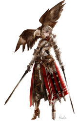 Rule 34 | 1girl, armor, bird, breastplate, dual wielding, eagle, gauntlets, greaves, grey eyes, grey hair, hair between eyes, high heels, highres, holding, holding sword, holding weapon, knight, looking at viewer, original, pauldrons, peppermint jet, short hair, shoulder armor, smile, solo, sword, weapon, white background