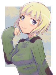 Rule 34 | 1girl, blonde hair, blue eyes, blush, elbow patches, em (totsuzen no hakike), erica hartmann, green shirt, non-web source, patch, shirt, shoulder patch, sky, solo, strike witches, sweater, world witches series