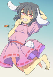 Rule 34 | 1girl, :d, animal ears, barefoot, black hair, blue background, blush, breasts, carrot necklace, commentary request, dress, floppy ears, full body, gradient background, hair between eyes, highres, inaba tewi, jewelry, jumping, looking at viewer, nayozane (worker7), necklace, open mouth, pink dress, pink eyes, puffy short sleeves, puffy sleeves, rabbit ears, rabbit girl, rabbit tail, ribbon-trimmed dress, round teeth, short hair, short sleeves, small breasts, smile, solo, tail, teeth, touhou