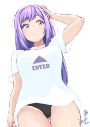 Rule 34 | 1girl, asano ruri, asano sisters project, black panties, breasts, highres, hori shin, long hair, medium breasts, panties, purple eyes, purple hair, shirt, simple background, solo, t-shirt, thighs, underwear, virtual youtuber, white background
