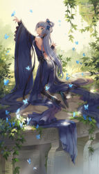 Rule 34 | 1girl, backless dress, backless outfit, black footwear, black thighhighs, blue dress, blue eyes, blue hair, bug, butterfly, closed mouth, dress, flower, from behind, hair flower, hair ornament, high heels, highres, insect, kneeling, long hair, looking away, luo tianyi, magical girl, mool yueguang, smile, thighhighs, very long hair, vocaloid