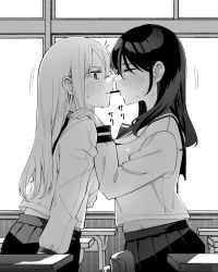Rule 34 | 2girls, ^^^, blush, breasts, byte (allbyte), closed eyes, commentary request, desk, food, greyscale, hand on another&#039;s shoulder, highres, indoors, large breasts, long hair, looking away, monochrome, mouth hold, multiple girls, original, partial commentary, pleated skirt, pocky, pocky kiss, school desk, school uniform, serafuku, shared food, sidelocks, sitting, skirt, sweat, window, yuri
