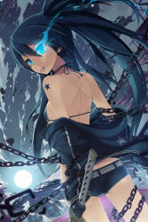 Rule 34 | 10s, 1girl, back, bare shoulders, bikini, bikini top only, black hair, black rock shooter, black rock shooter (character), blue eyes, chain, cloud, dark skin, dark-skinned female, dutch angle, from behind, full moon, gloves, glowing, glowing eyes, long hair, looking back, moon, mouth hold, scar, short shorts, shorts, sky, solo, star (sky), starry sky, swimsuit, sword, tattoo, tel-o, twintails, very long hair, weapon