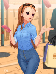 Rule 34 | 1girl, bad id, bad pixiv id, bag, brown eyes, brown hair, cellphone, cowboy shot, denim, earrings, eyewear on head, glasses, high-waist pants, highres, hip focus, idolmaster, idolmaster (classic), jeans, jewelry, long hair, looking to the side, minase iori, open mouth, pants, phone, purple eyes, shirt, shopping bag, signature, sleeves rolled up, smartphone, smile, solo, solo focus, sunglasses, thighs, tight clothes, tight pants, yoshiwa tomo