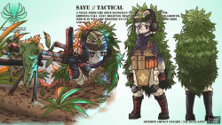 Rule 34 | 1girl, alternate costume, bag, black footwear, black gloves, blunt bangs, boots, cameo, camouflage, character profile, character sheet, combat boots, commentary, contemporary, from behind, full body, genshin impact, gloves, green hair, gun, hair between eyes, hat, headset, holding, holding gun, holding weapon, introvert-kun, knee boots, leaf, leaf on head, long sleeves, looking at viewer, lying, muji-muji daruma (genshin impact), on stomach, pocket, purple eyes, sayu (genshin impact), short hair, sidelocks, simple background, solo, standing, tactical clothes, type 96 light machine gun, weapon