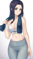 Rule 34 | 1girl, absurdres, angdo (kakajo26), bare arms, bare shoulders, black hair, blue eyes, breasts, caitlyn (league of legends), cowboy shot, crop top, hand up, highres, league of legends, long hair, looking at viewer, medium breasts, midriff, navel, pants, parted bangs, parted lips, shirt, simple background, sleeveless, sleeveless shirt, solo, spaghetti strap, standing, stomach, sweatdrop, towel, towel around neck, white background, white shirt, yoga pants