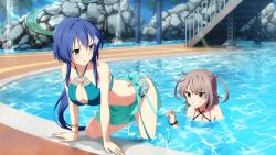 2girls arm_support bare_shoulders bikini black_bikini blue_bikini blue_eyes blue_hair breasts cleavage closed_mouth collarbone day female_pervert frown game_cg grey_hair hair_between_eyes large_breasts long_hair looking_at_another mole mole_under_eye multiple_girls non-web_source official_art outdoors partially_submerged pervert pool poolside purple_eyes raised_eyebrow setouchi_chie shichinosato_kofuki short_hair smirk stairs swimsuit toji_no_miko toji_no_miko:_kizamishi_issen_no_tomoshibi undressing_another water yuri