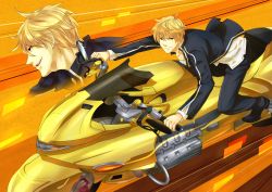 Rule 34 | 1boy, bad id, bad pixiv id, blonde hair, carnival phantasm, casual, fate/stay night, fate (series), gilgamesh (fate), gilgamesh (immoral biker jacket) (fate), highres, male focus, motor vehicle, motorcycle, official alternate costume, red eyes, short hair, solo, vehicle, wolfsea