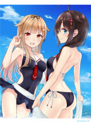 Rule 34 | 2girls, :d, adapted costume, ahoge, alternate costume, arm up, ass, back, ball, bare shoulders, beach, black ribbon, blonde hair, blue eyes, blue sky, blush, braid, breasts, brown hair, casual one-piece swimsuit, closed mouth, cloud, collarbone, commentary request, covered navel, day, from side, gluteal fold, groin, hair between eyes, hair flaps, hair ornament, hair over shoulder, hair ribbon, hairclip, halterneck, harukana (harukana 10), holding, holding ball, holding towel, kantai collection, long hair, looking at viewer, medium breasts, multiple girls, ocean, one-piece swimsuit, open mouth, outdoors, red eyes, red neckwear, ribbon, sand, shigure (kancolle), shoulder blades, side-tie swimsuit, single braid, skindentation, sky, smile, standing, swimsuit, towel, v, water, water drop, yuudachi (kancolle)