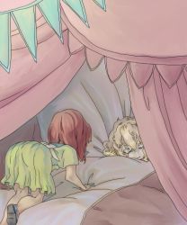Rule 34 | 2girls, aged down, bed, bed sheet, canopy bed, dress, flandre scarlet, green dress, hong meiling, looking at another, lowres, lying, mago (gengennikoniko), multiple girls, on stomach, pillow, sleeping, touhou