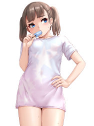 Rule 34 | 1girl, absurdres, blue eyes, blush, facing viewer, female focus, food, hand on own hip, highres, john doe shinobu, long hair, long shirt, looking to the side, original, popsicle, simple background, solo, standing, sweat, thighs, twintails, white background