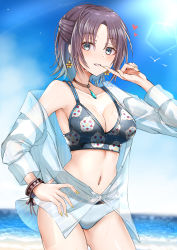 Rule 34 | 1girl, absurdres, arm up, asakura toru, bikini, bikini under clothes, black bikini, blue eyes, blue hair, blue sky, blush, bracelet, breasts, cleavage, collarbone, cowboy shot, day, earrings, finger to mouth, floral print, flower earrings, gradient hair, hand on own hip, heart, highres, horizon, idolmaster, idolmaster shiny colors, jewelry, lens flare, long sleeves, looking at viewer, mabanna, medium breasts, mismatched bikini, multicolored hair, nail polish, navel, necklace, ocean, off shoulder, open clothes, open shirt, outdoors, parted lips, print bikini, purple hair, see-through, shirt, short hair, signature, single bare shoulder, sky, smile, solo, stomach, sunlight, swimsuit, unbuttoned, unbuttoned shirt, white bikini, white shirt, yellow nails