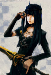 Rule 34 | 10s, 1girl, arsenixc, black hair, black rock shooter, blunt bangs, crown, dragon slayer, jewelry, lips, long hair, pinky out, realistic, ring, solo, sword, weapon, yellow eyes