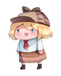 Rule 34 | 1girl, :d, black footwear, blonde hair, blue eyes, brown hat, brown skirt, checkered clothes, checkered skirt, chibi, commentary, deerstalker, detective, english commentary, fian f.n, hat, hololive, hololive english, long sleeves, necktie, open mouth, red necktie, shirt, skirt, smile, smol ame, solo, transparent background, virtual youtuber, watson amelia, white shirt