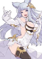 Rule 34 | 10s, 1girl, :d, animal ears, asymmetrical legwear, bare shoulders, black thighhighs, blue eyes, breasts, cat ears, elbow gloves, erune, gloves, granblue fantasy, hair ornament, hanauna, highres, korwa, large breasts, long hair, looking at viewer, mismatched legwear, open mouth, quill, silver hair, simple background, smile, solo, thighhighs, thread, white background, white gloves, white thighhighs