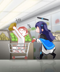 Rule 34 | 1boy, 1girl, doodle sensei (blue archive), blazer, blue archive, blurry, c/h, coat, commentary, depth of field, hair ornament, halo, happy, highres, holding, in shopping cart, indian style, indoors, jacket, long hair, long sleeves, mixed-language commentary, open clothes, open coat, package, pleated skirt, purple hair, pushing, school uniform, sensei (blue archive), shopping cart, sidelocks, sitting, skirt, supermarket, two side up, walking, yuuka (blue archive)