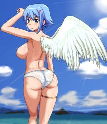 Rule 34 | 1girl, angel, angel of light nanael, angel wings, aqua eyes, arm up, armpits, ass, asymmetrical wings, back, backboob, bad id, bad pixiv id, beach, blue hair, blush, breasts, butt crack, cloud, cloudy sky, day, from behind, green eyes, hair ornament, hairclip, highres, huge ass, large breasts, light rays, looking at viewer, looking back, nanael (queen&#039;s blade), nanael (queen's blade), no bra, otohukebonne, panties, parted lips, polka dot, polka dot panties, queen&#039;s blade, shiny skin, short hair, sky, solo, standing, sweat, topfreedom, topless, underwear, wet, wet clothes, wet panties, wings