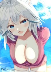 Rule 34 | 1girl, :d, animal ear fluff, animal ears, aties20, bent over, blue eyes, blue sky, blush, breasts, cleavage, cloud, commentary request, day, fang, grey hair, hair between eyes, jacket, large breasts, looking at viewer, naked jacket, ocean, open mouth, outdoors, purple jacket, sky, smile, solo, vei (vtuber), vei (vtuber) (1st costume), virtual youtuber, vshojo, water