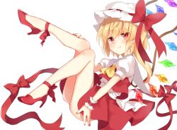 Rule 34 | 1girl, ascot, ass, blonde hair, bow, commentary request, crystal, fang, fang out, flandre scarlet, full body, hat, hat bow, high heels, legs up, long hair, looking at viewer, miniskirt, mob cap, nail polish, one side up, paragasu (parags112), puffy short sleeves, puffy sleeves, red bow, red eyes, red footwear, red nails, red ribbon, red skirt, red vest, ribbon, shirt, short sleeves, simple background, sitting, skirt, skirt set, smile, solo, thighs, touhou, transparent background, vest, white background, white hat, white shirt, wings, wrist cuffs, yellow ascot